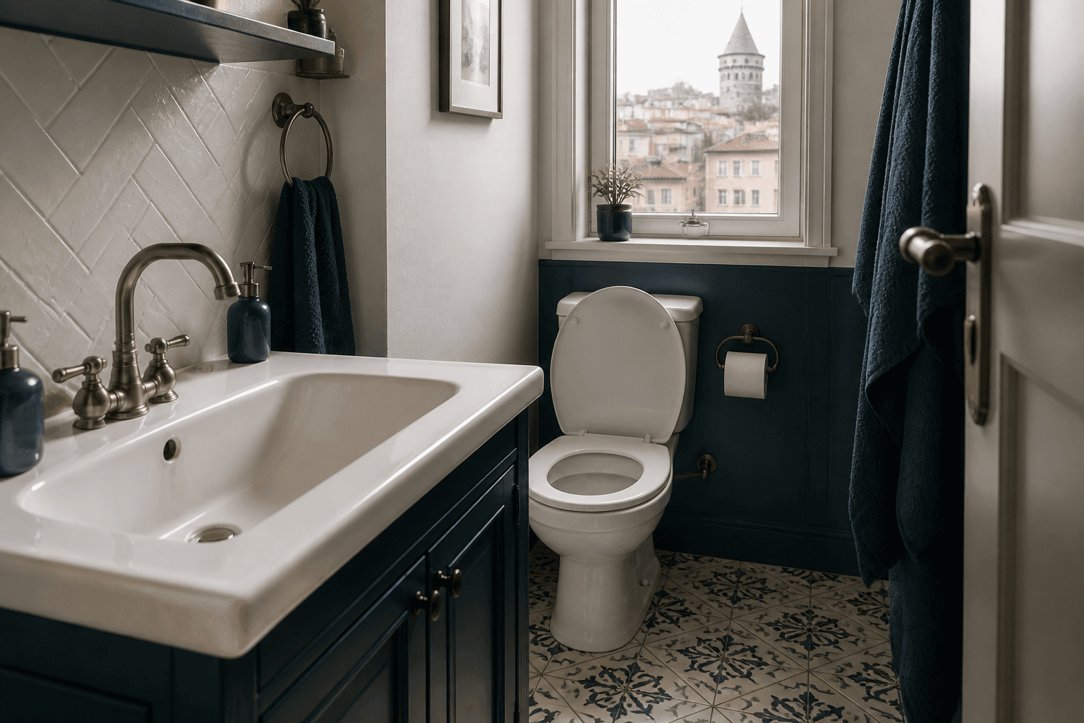 Lavabo ve tuvalet giderlerinin aynı anda yavaşladığı apartman banyosu